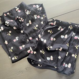 LOFT Black Satin Short Sleeve Sleepwear with Colorful Brunch Print